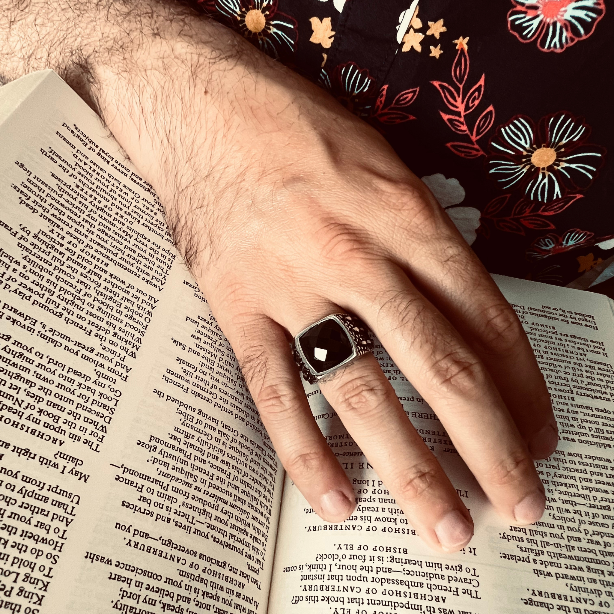 Detailed Cubed Center Black Stone Stainless Steel Ring / SCR4020、mySite、dreamappss