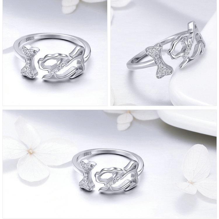 Dog Chasing a Bone Sterling Silver Ring with Sparkling CZ, For the Dog Lovers!、mySite、g9winljtr