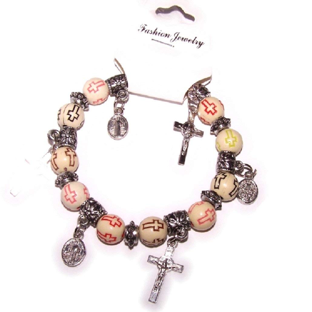 Saint Benedict silver plated Crosses and Medals Bracelet. Made with Beads engraved with Crosses、mySite、topwebapps