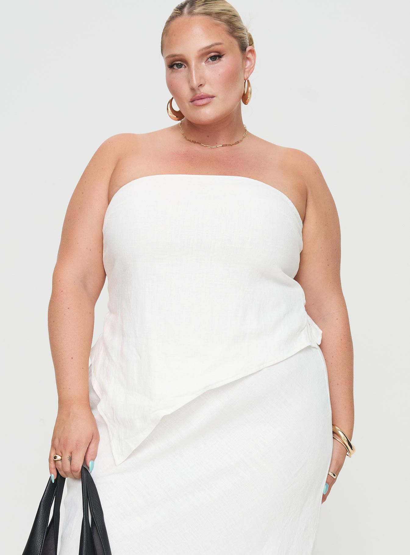 Birdie Asymmetric Linen Blend Top White Curve、mySite、solidvoid