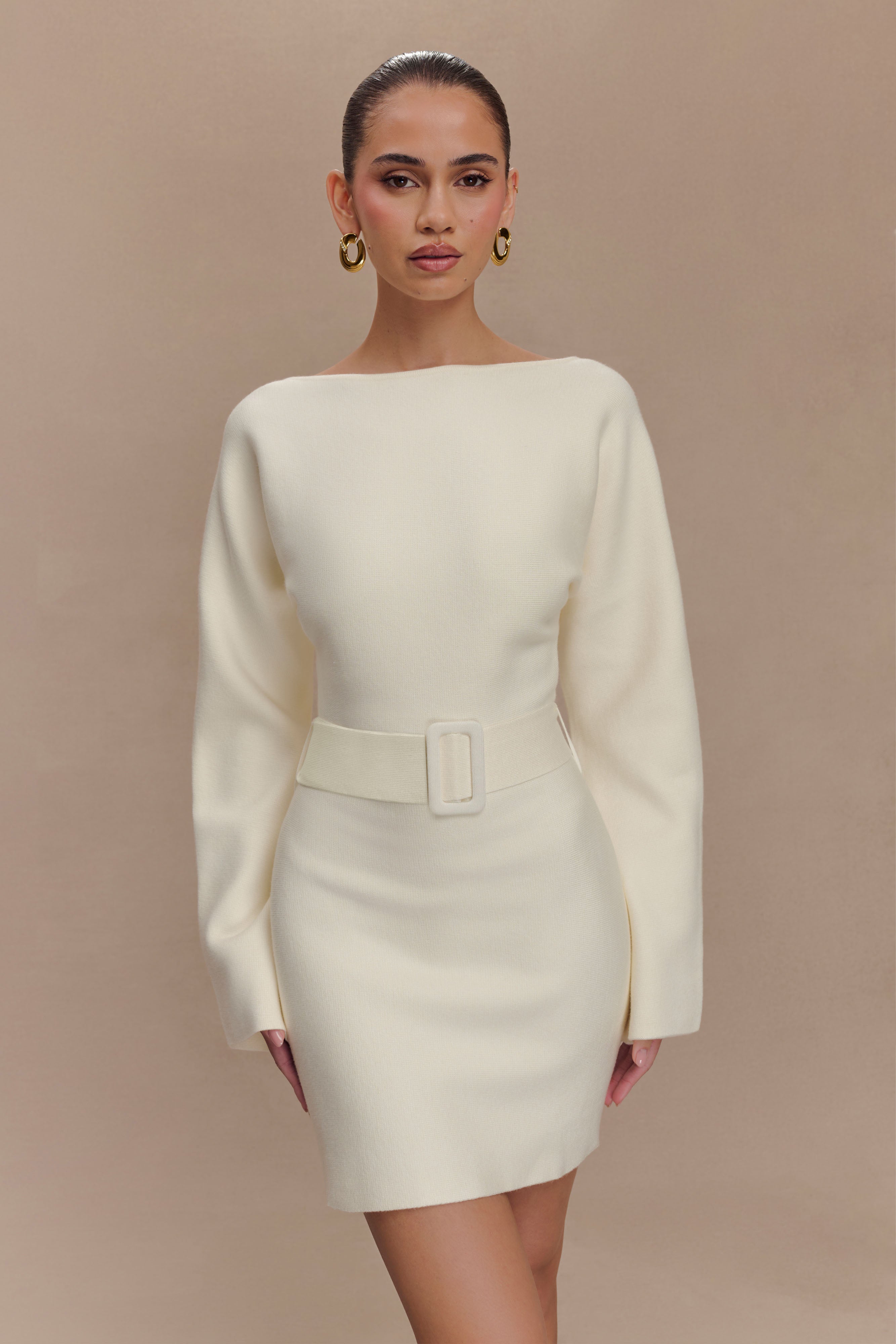 Kassie Belt Tie Knit Mini Dress - Ivory、mySite、solidvoid