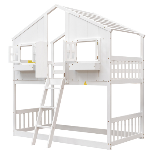 Twin over Twin House Bunk Bed with Roof , Window, Window Box, Door , with Safety Guardrails and Ladder,White、、casual