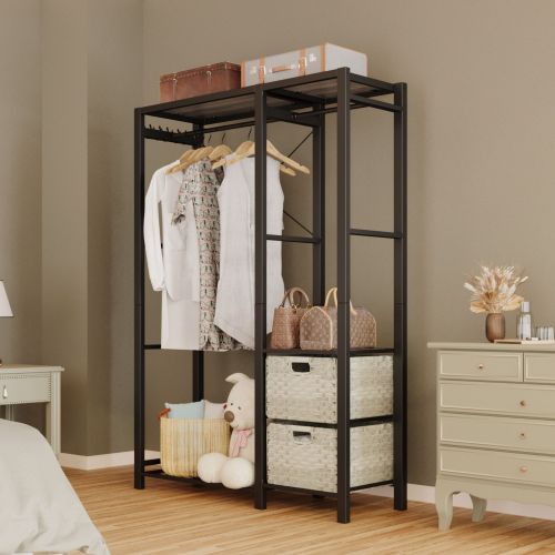 Acacia Wood Garment Racks with Shelves 2 Wicker Drawers and 4 Hooks Heavy Duty Closet Organizer for Hanging Clothes, Freestanding Closet Wardrobe Rack, Light Gray、、eastwooduniform