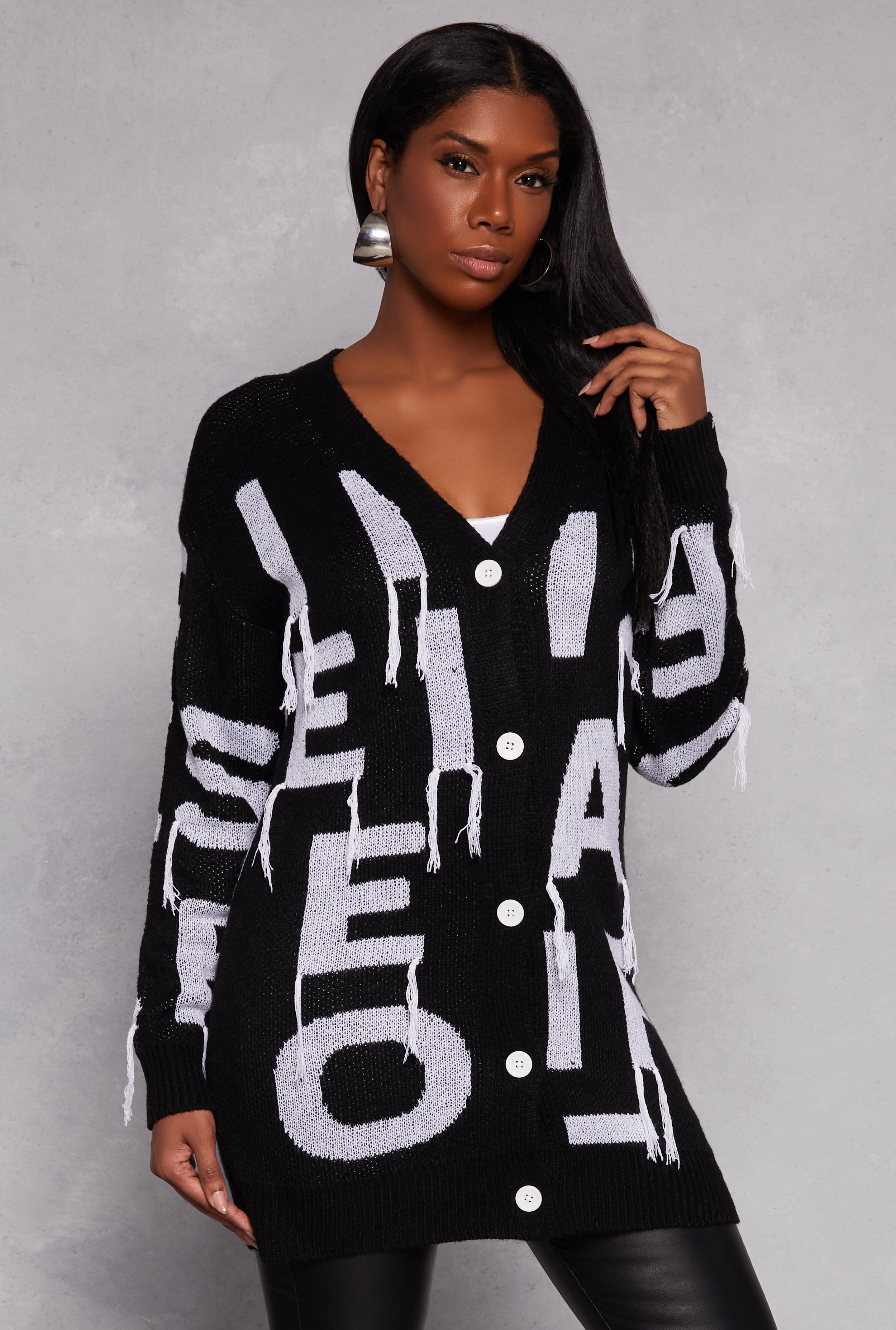 Alphabet Fringe Detail Button Front Cardigan、mySite、camillekostekn