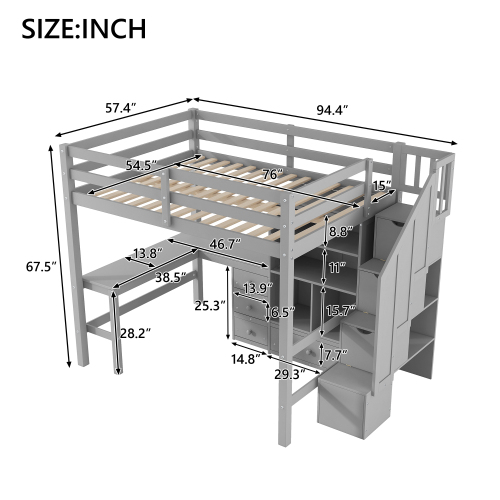 Twin Size Loft Bed with L-Shaped Desk and Drawers, Cabinet and Storage Staircase, White、、casual