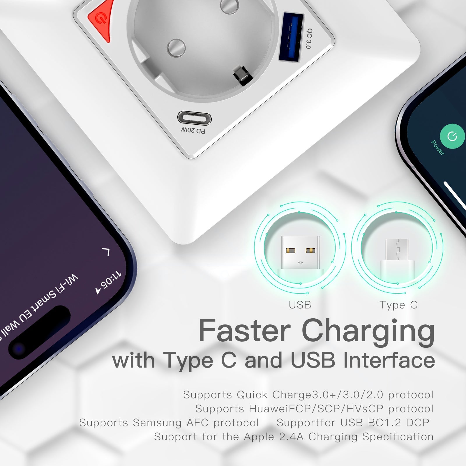 WiFi Smart Socket 16A Power Socket Fast Charge USB Type-C EU Version、mySite、fannypackpong