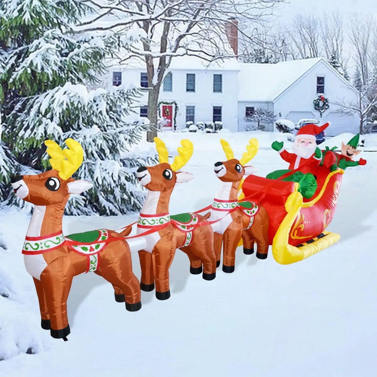 Santa Reindeer Sleigh 12 ft Christmas Inflatable Outdoor/Indoor Decoration with Built-in LED Lights、mySite、g9winljtr