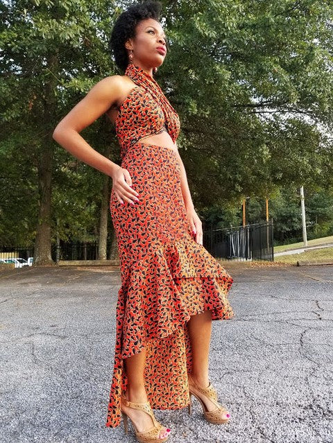 Leaf African Print High-Low Skirt-DP3844SK、mySite、solidvoid