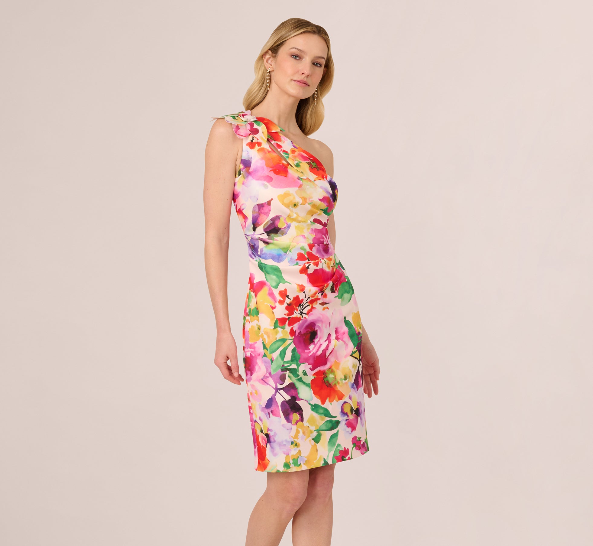 One Shoulder Rosette Floral Sheath Dress In Pink Multi、mySite、solidvoid