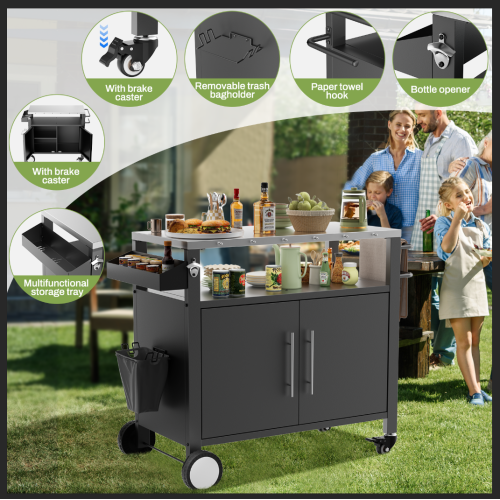 Outdoor Grill Cart with Patio Furniture, Outdoor Grill Table with Storage,Rolling Bar Cart Outdoor BBQ Cart with Hooks and Spice Rack for Grilling Accessories, Black、、eastwooduniform