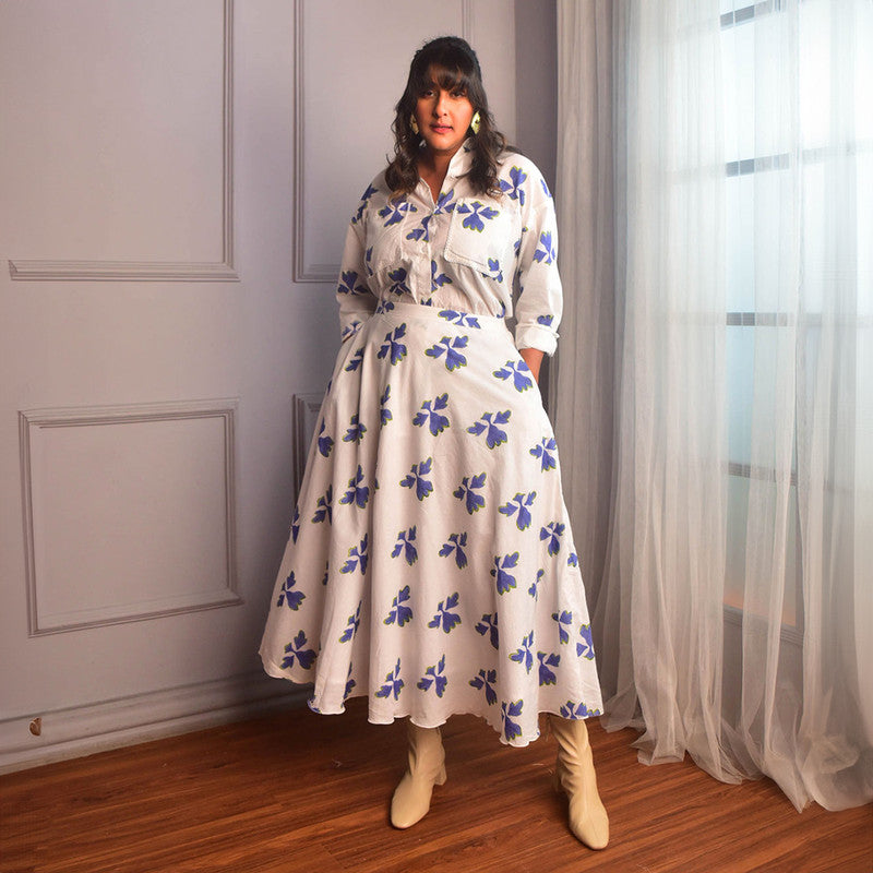Cotton Co Ord Set For Women | Shirt & Skirt | Floral Block Print | White、mySite、camillekostekn