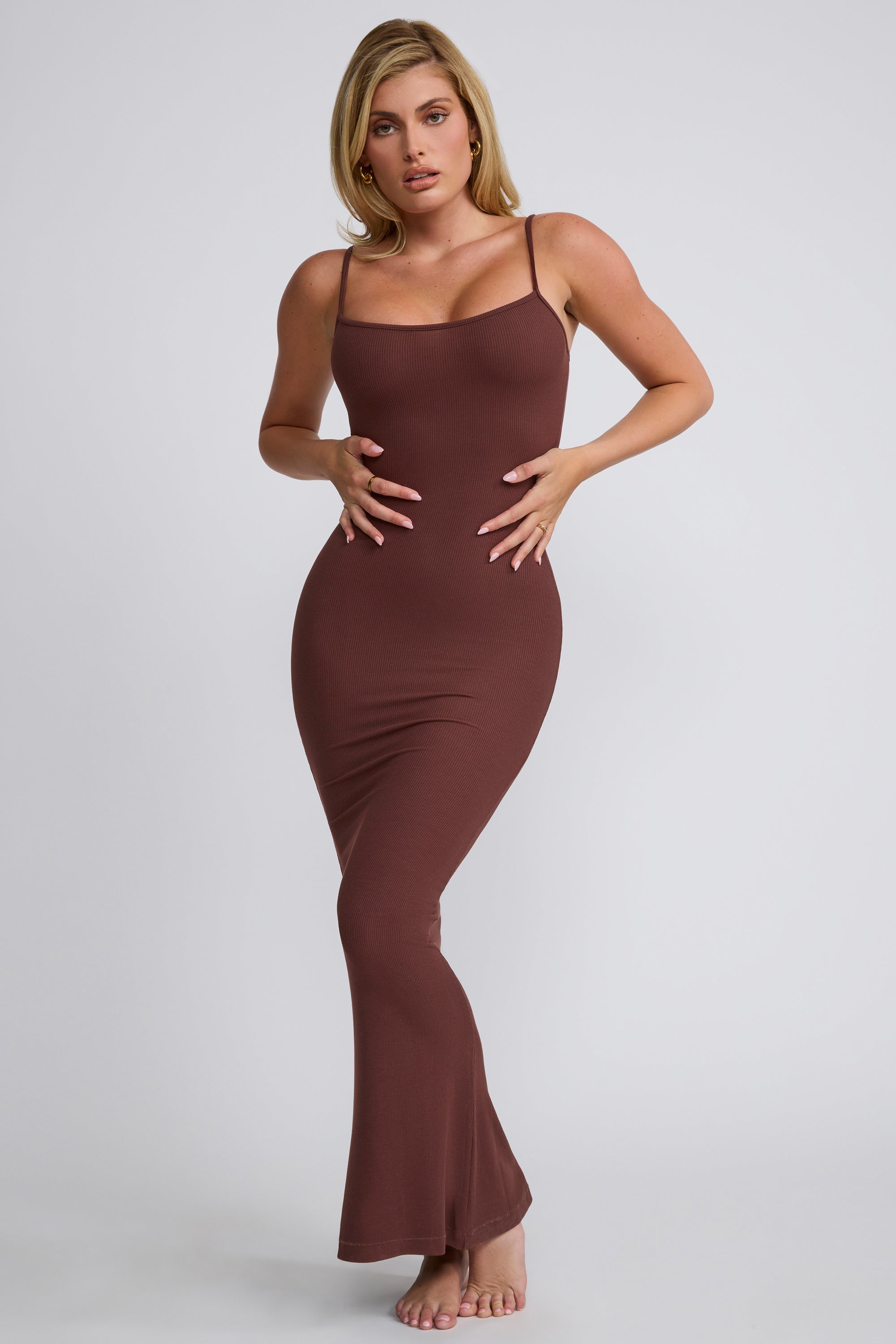 Ribbed Modal Square Neck Maxi Dress in Chocolate、mySite、solidvoid