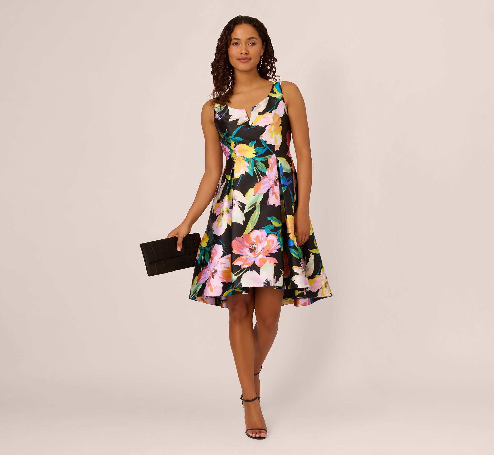 Floral Print Mikado Sleeveless Dress With High Low Skirt In Black Multi、mySite、solidvoid