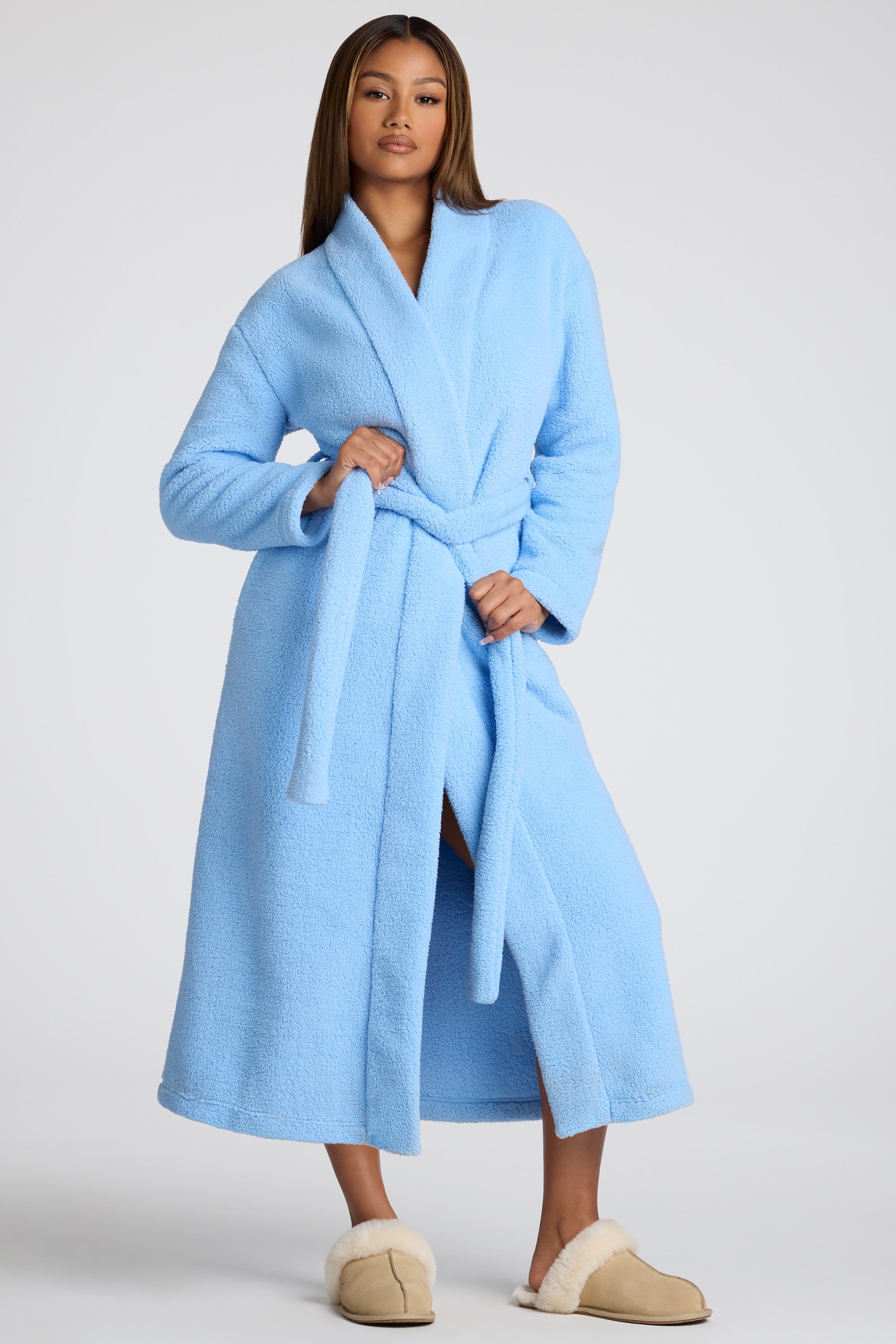 Tie Front Fleece Robe in Baby Blue、mySite、solidvoid