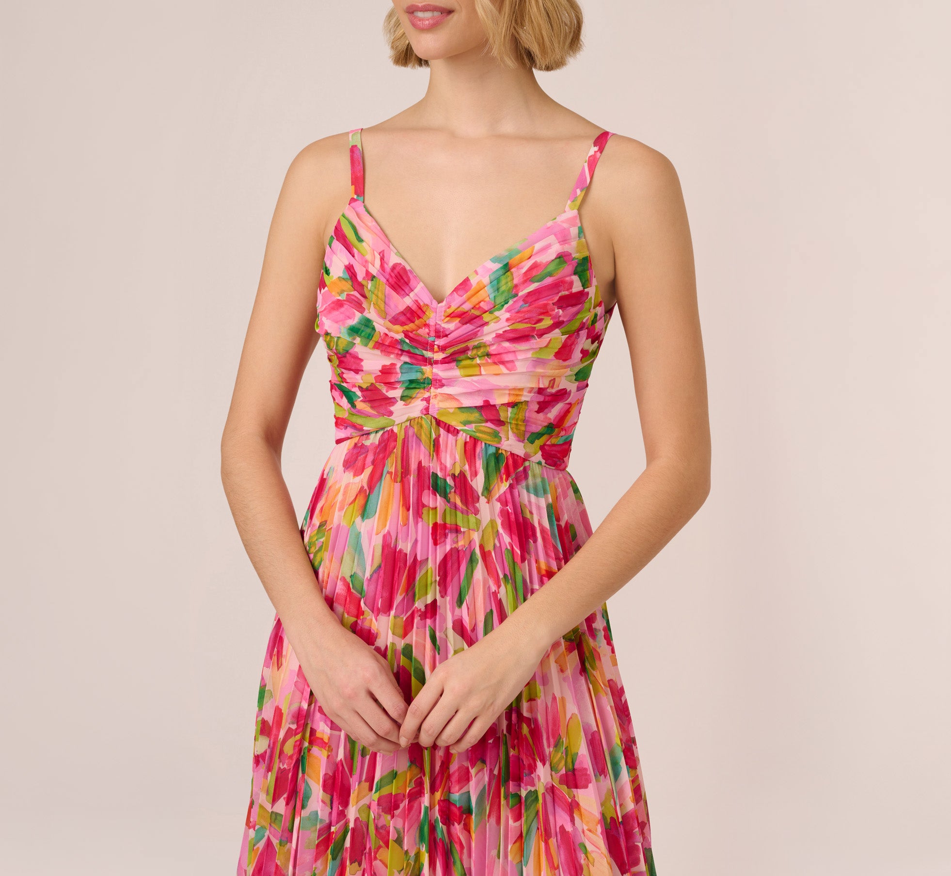 Floral Print Pleated Chiffon Midi Dress In Pink Green Multi、mySite、solidvoid