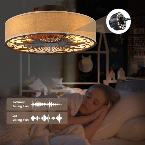 Caged Ceiling Fans with Lights Flush Mount,Low Profile Ceiling Fan with Remote,20 Inch Farmhouse White Ceiling Fan for Bedroom,6 Speeds Reversible Silent Fandalier (Bulb Not Included)、、eastwooduniform