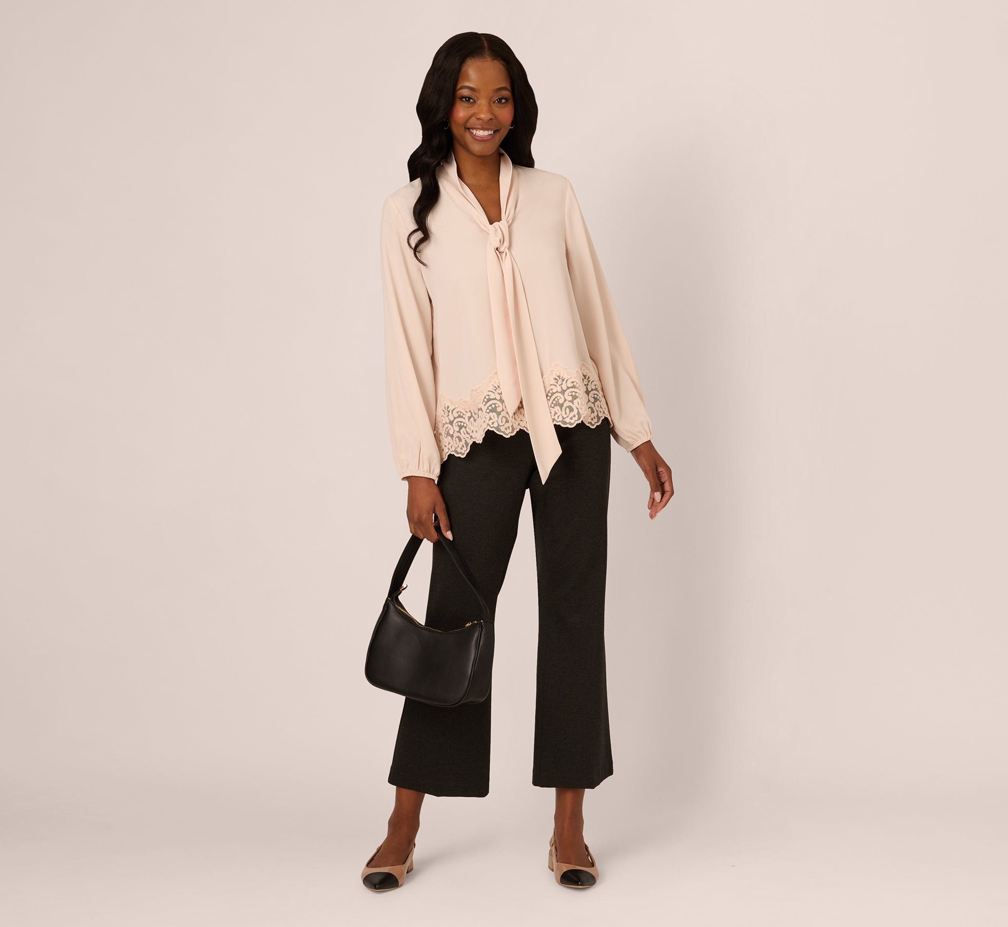 Lace Hem Tie Neck Blouse In Powder Blush、mySite、solidvoid