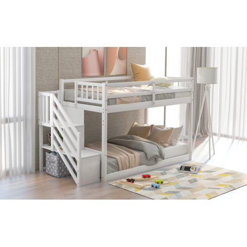 Twin over Twin Floor Bunk Bed, Ladder with Storage, Gray、、casual