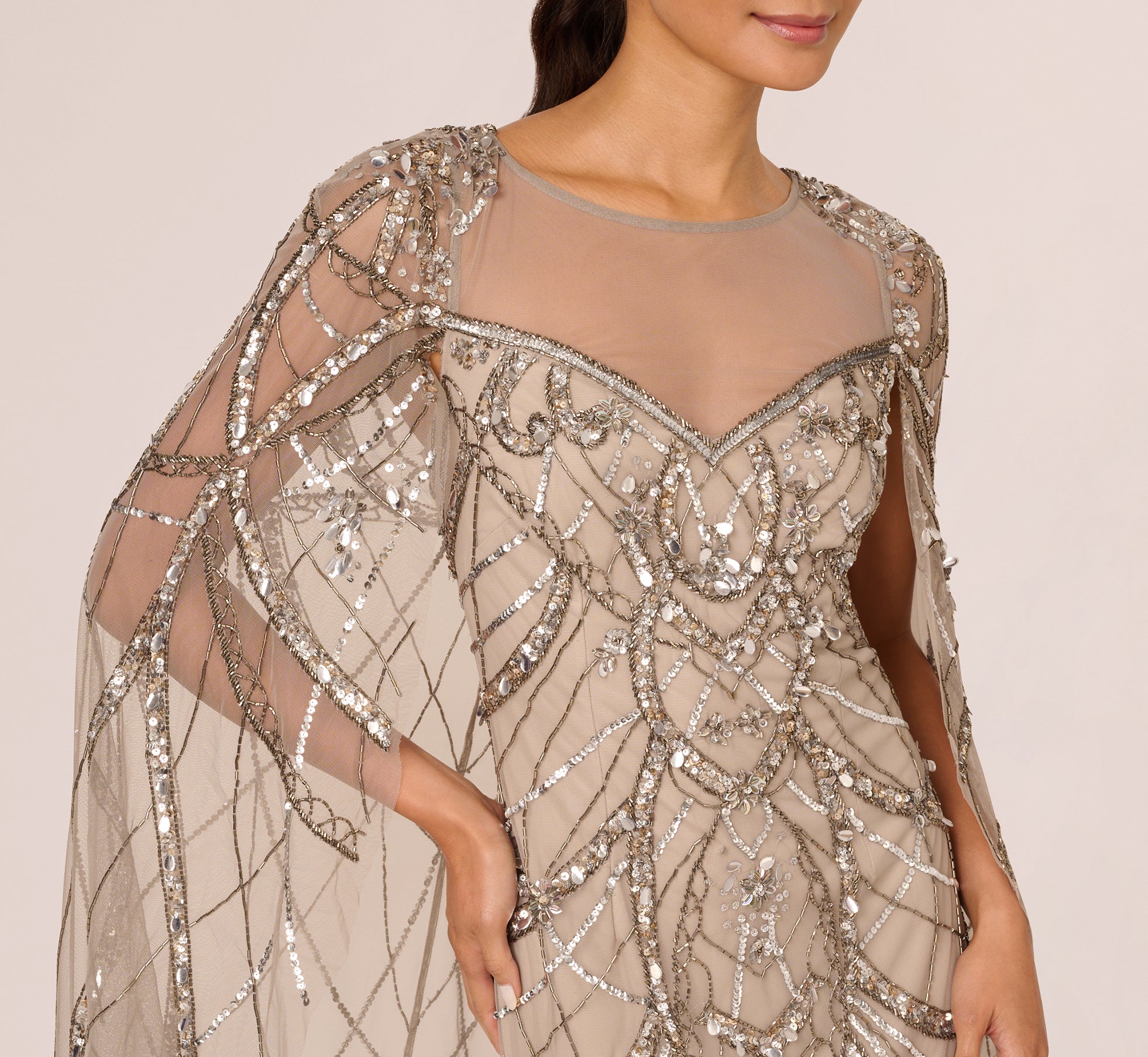 Illusion Beaded Cape Dress In Platinum、mySite、solidvoid