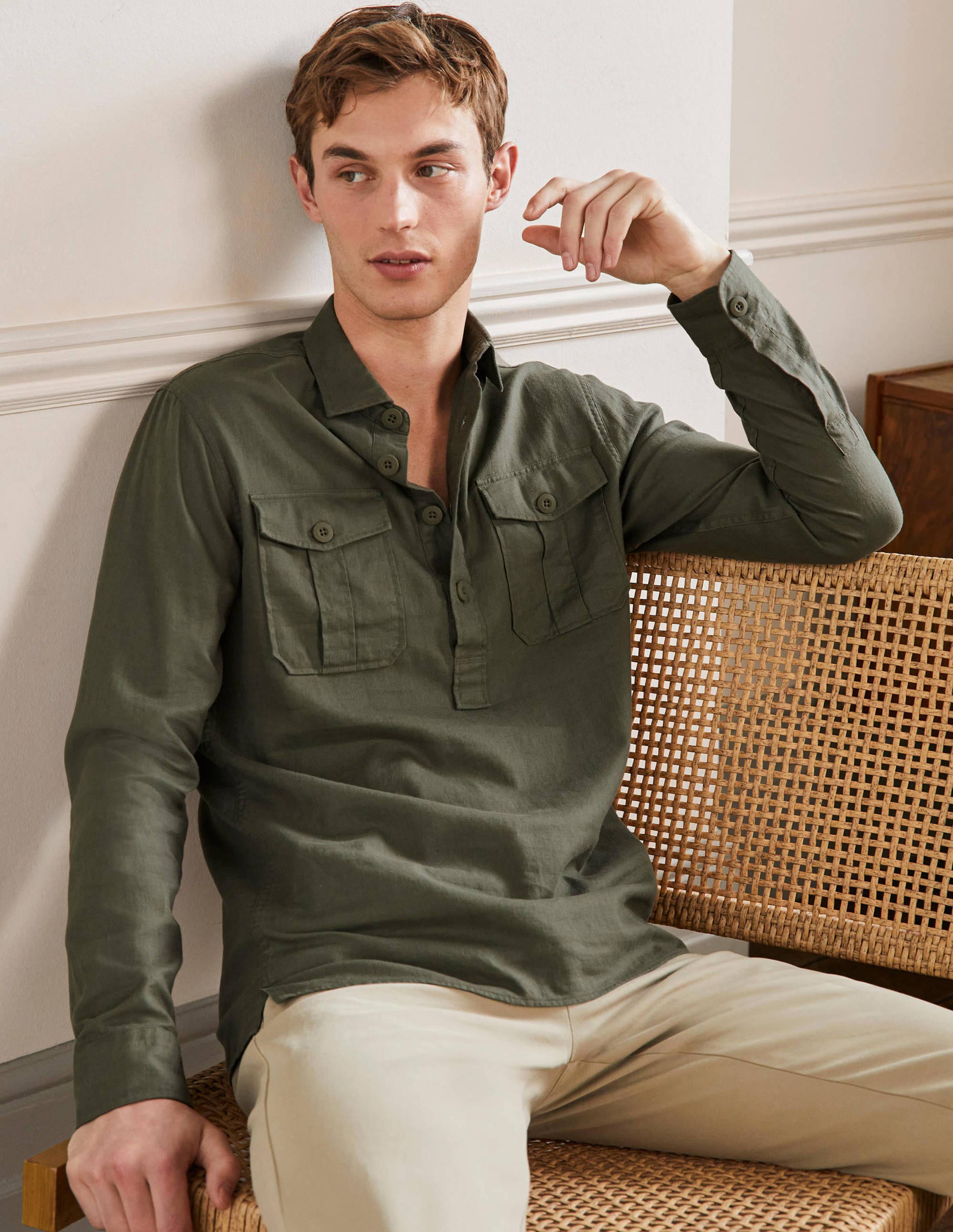  Linen Cotton Popover Shirt-Khaki Herringbone、mySite、ashleygrahame