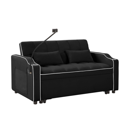 1 versatile foldable sofa bed in 3 lengths, modern sofa sofa sofa velvet pull-out bed, adjustable back and with USB port and ashtray and swivel phone stand (black)、、casual