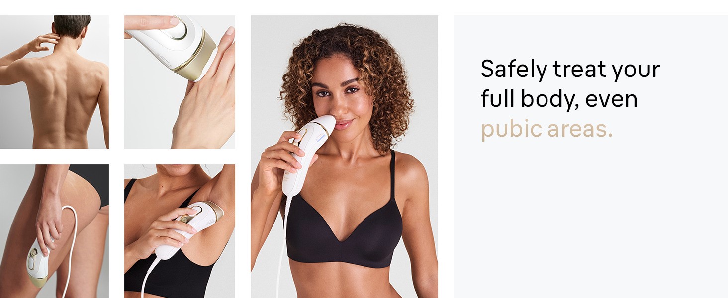 Image shows Braun Silk expert Pro 5 IPL device being used on multiple body parts.