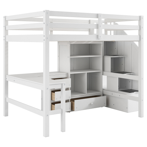 Twin Size Loft Bed with L-Shaped Desk and Drawers, Cabinet and Storage Staircase, White、、casual