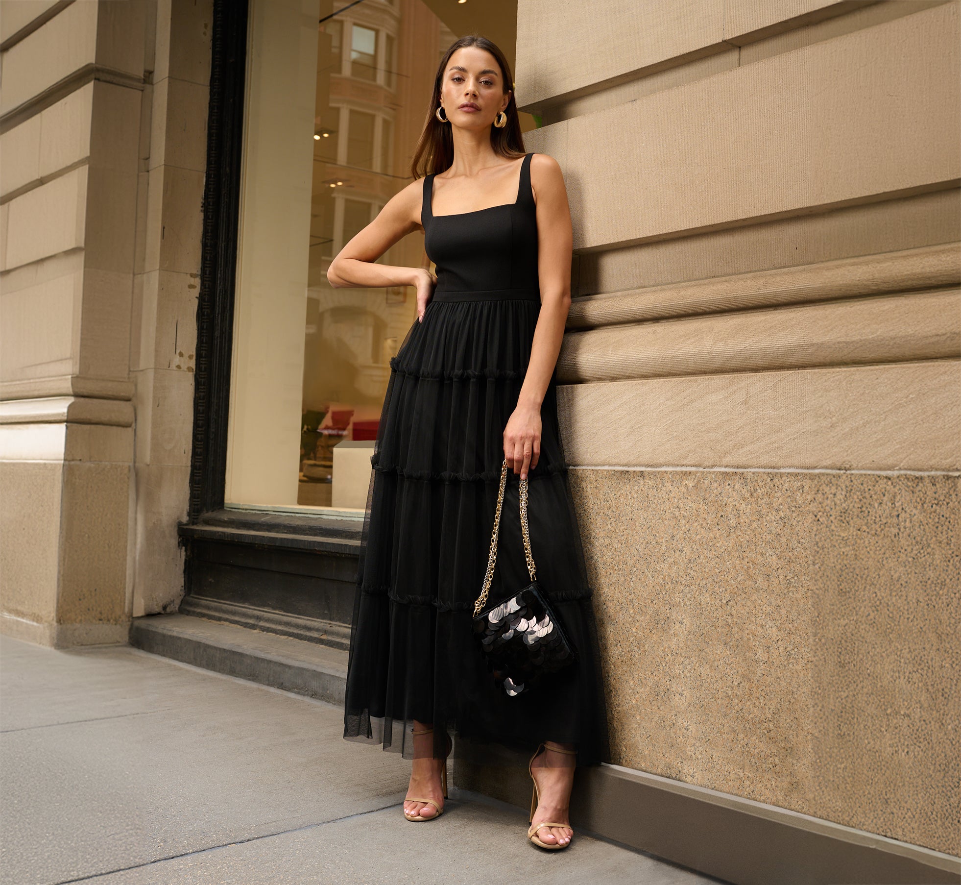 Sleeveless Midi Dress With Square Neck And Tiered Skirt In Black、mySite、solidvoid