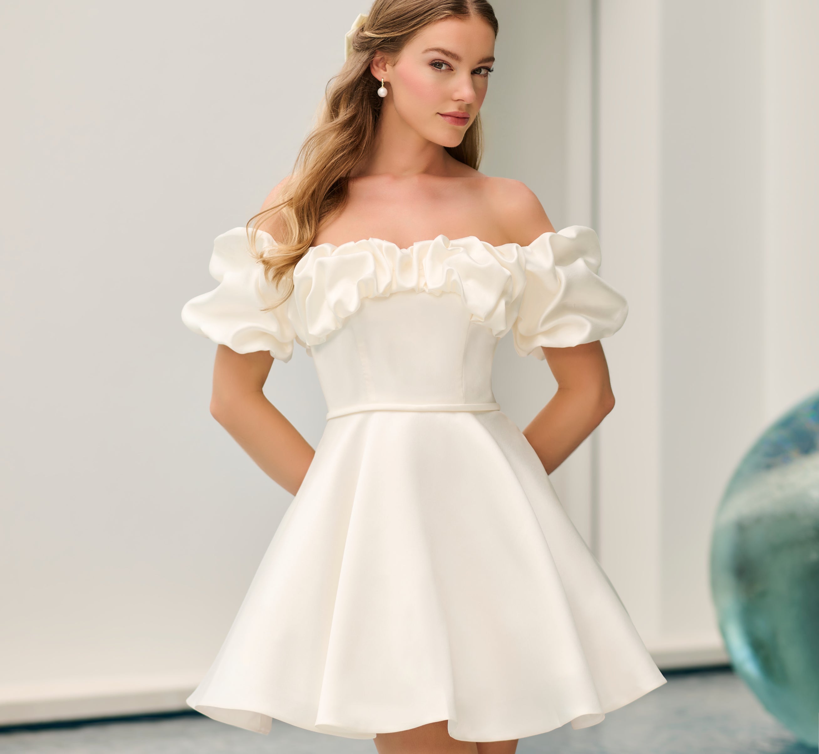 Mikado Off Shoulder Puff Sleeve Short Skirt in Ivory、mySite、solidvoid