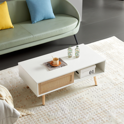 41.34" Rattan Coffee table, sliding door for storage, solid wood legs, Modern table for living room , natural、、casual