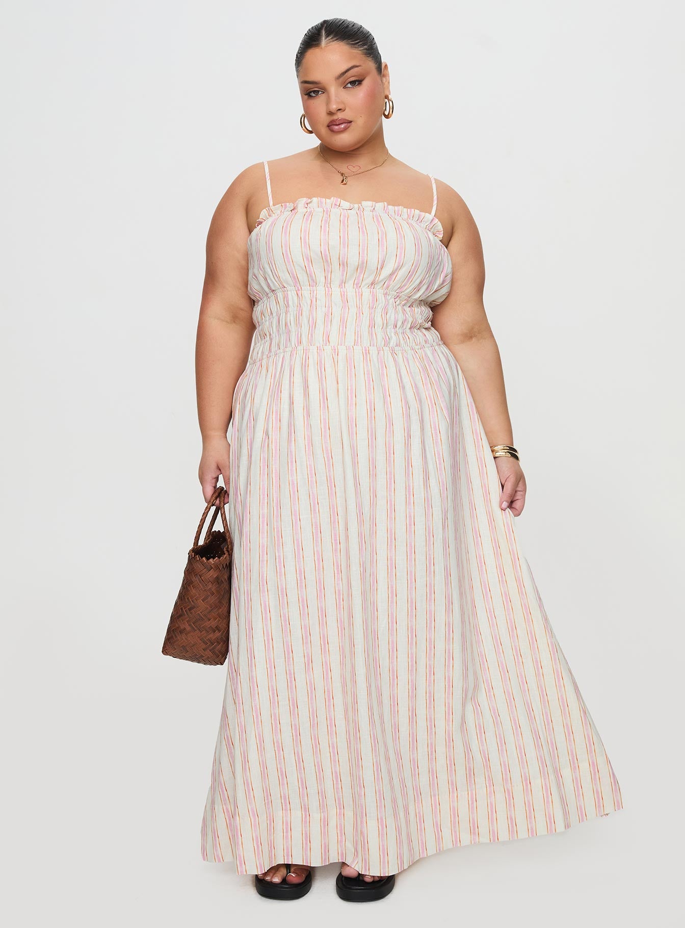 Persephone Shirring Linen Maxi Dress Pink Stripe Curve、mySite、solidvoid