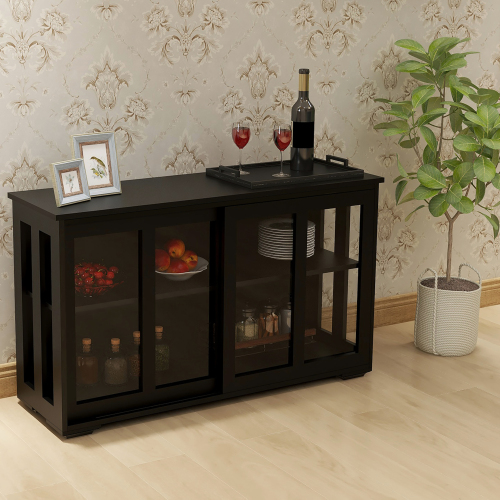 Kitchen Storage Stand Cupboard With Glass Door-Black、、casual