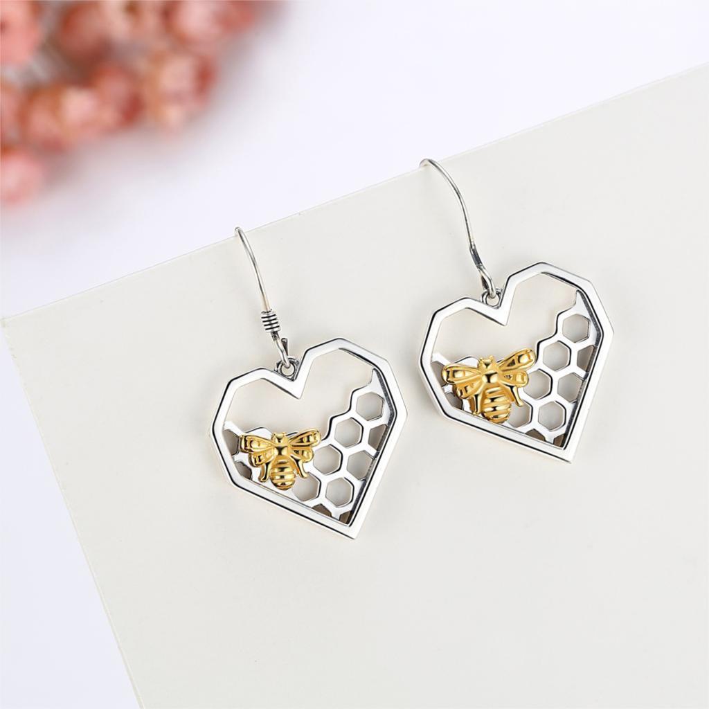 Honey Bee Heart Comb Earrings 925 Sterling SIlver for Bee Lovers、mySite、g9winljtr