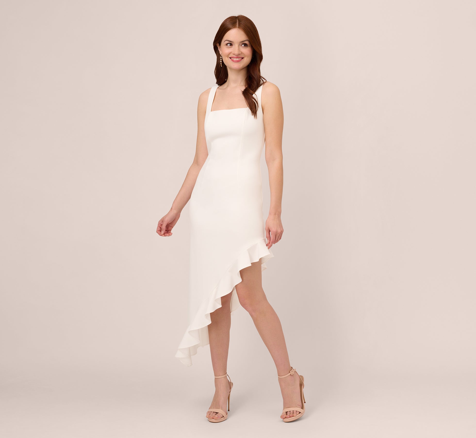 Asymmetrical Crepe Midi Dress With Flounce Hem In Ivory、mySite、solidvoid