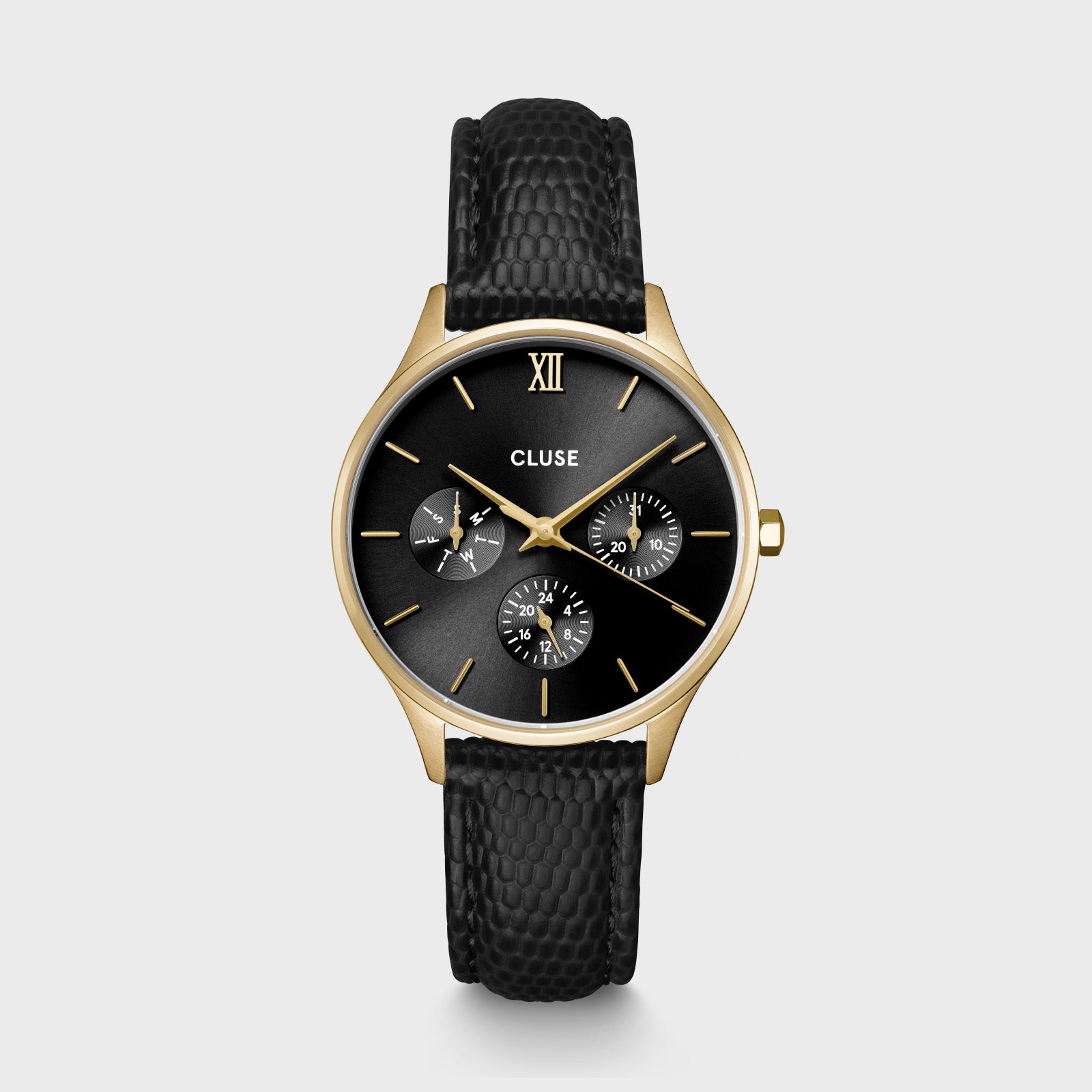  Minuit Multifunction Black Watch Leather, Black Lizard, Gold Colour