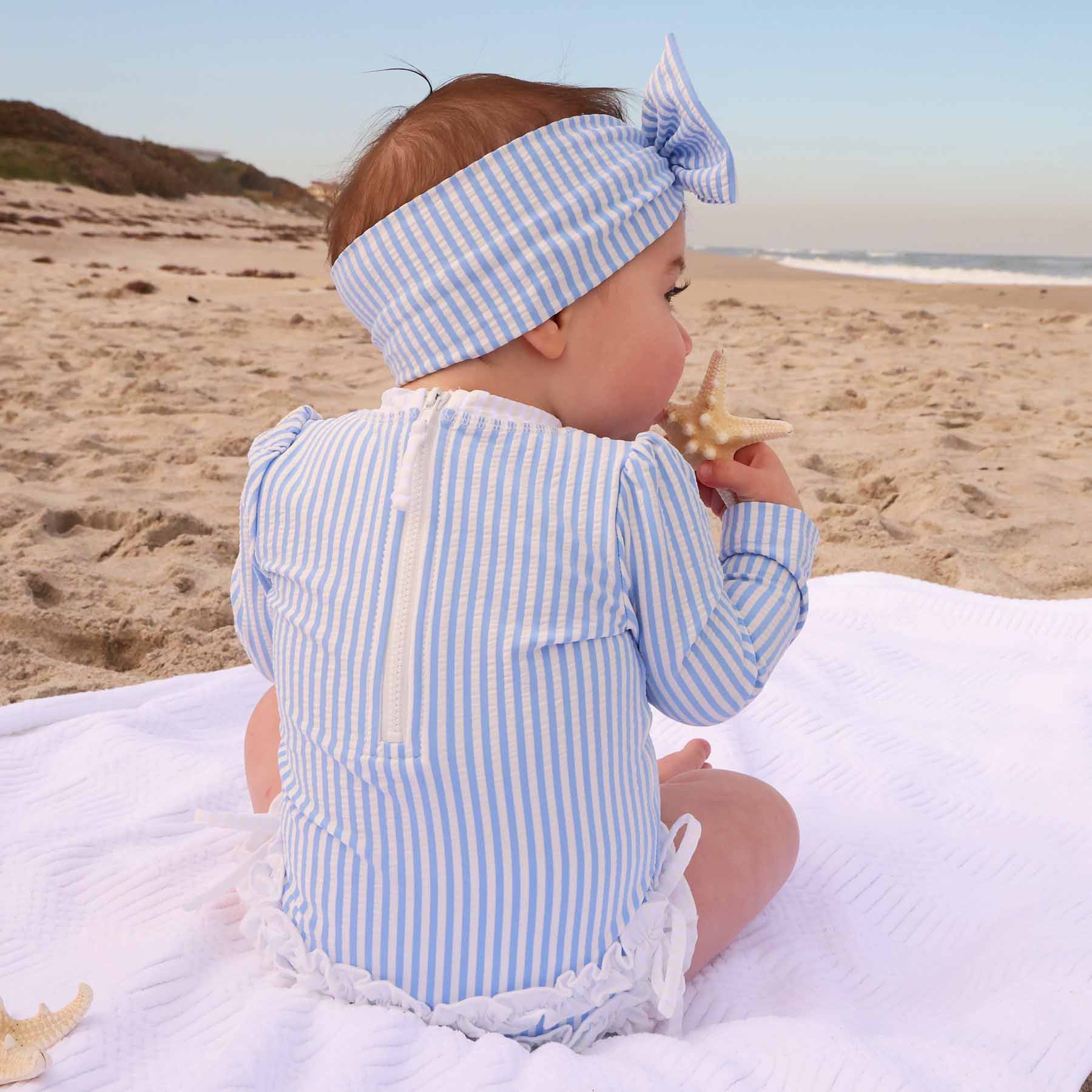  Long Sleeve Rash Guard With Ruffle Bottom | Seersucker Blue、mySite、layawaytickets