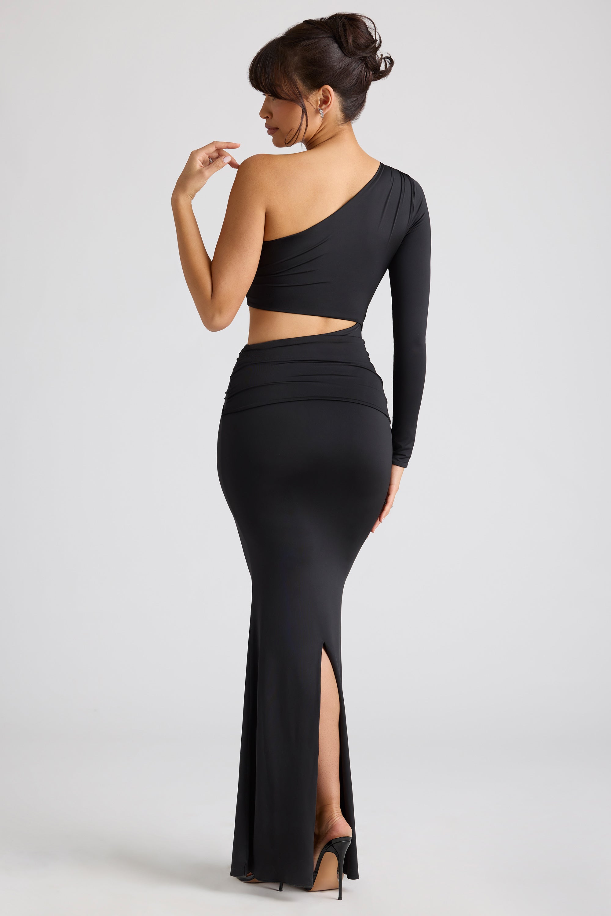 Single Sleeve Cut Out Evening Gown in Black、mySite、solidvoid
