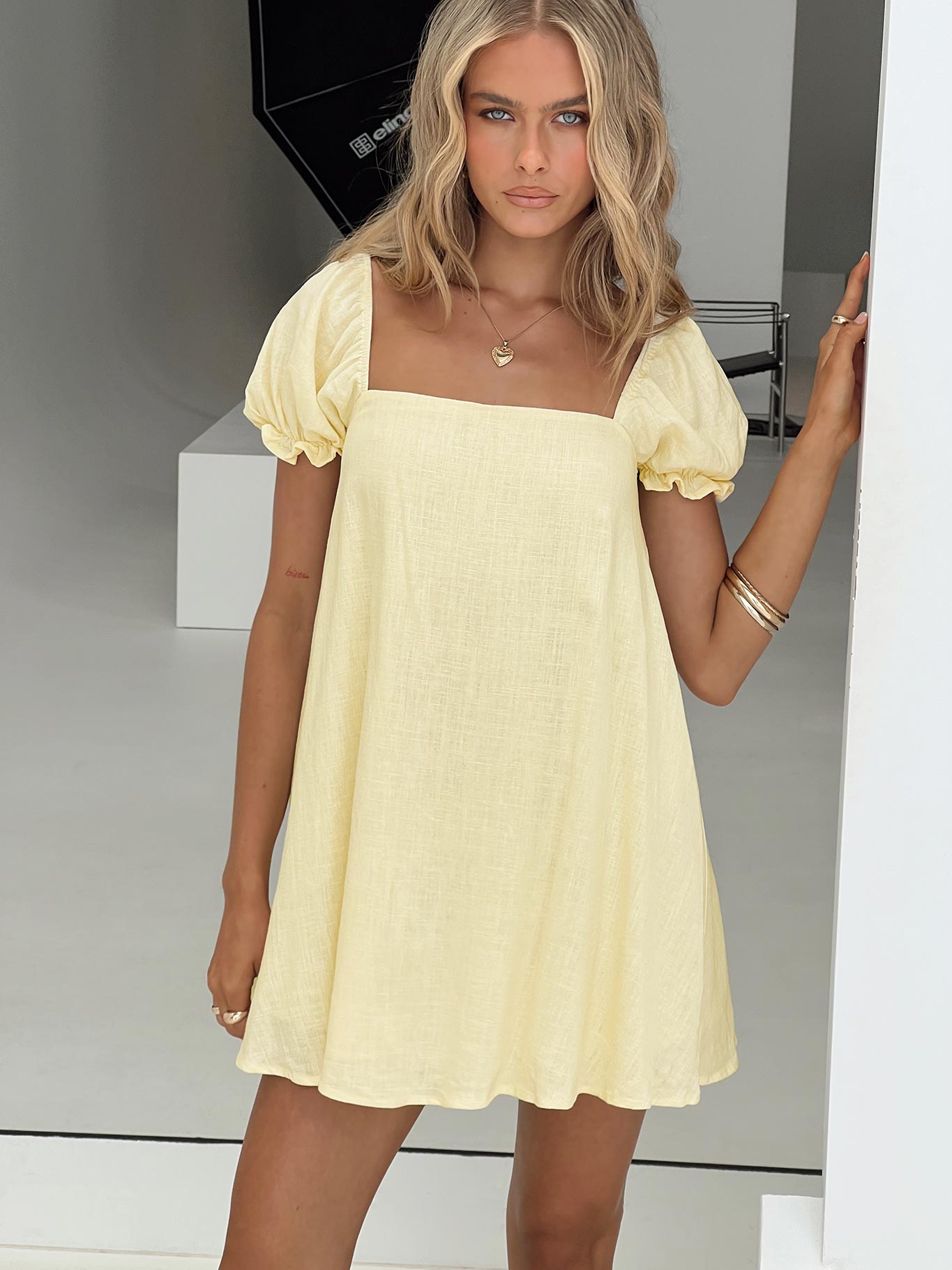 Beyond Linen Blend Mini Dress Yellow、mySite、solidvoid