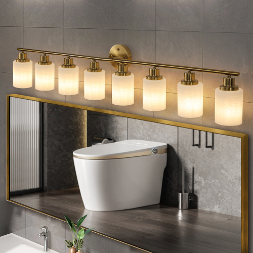 31" Modern 5-Light Vanity Wall Sconce, Golden Finish with Frosted Glass Shades for Bathroom or Hallway Lighting (No Bulbs)、、eastwooduniform