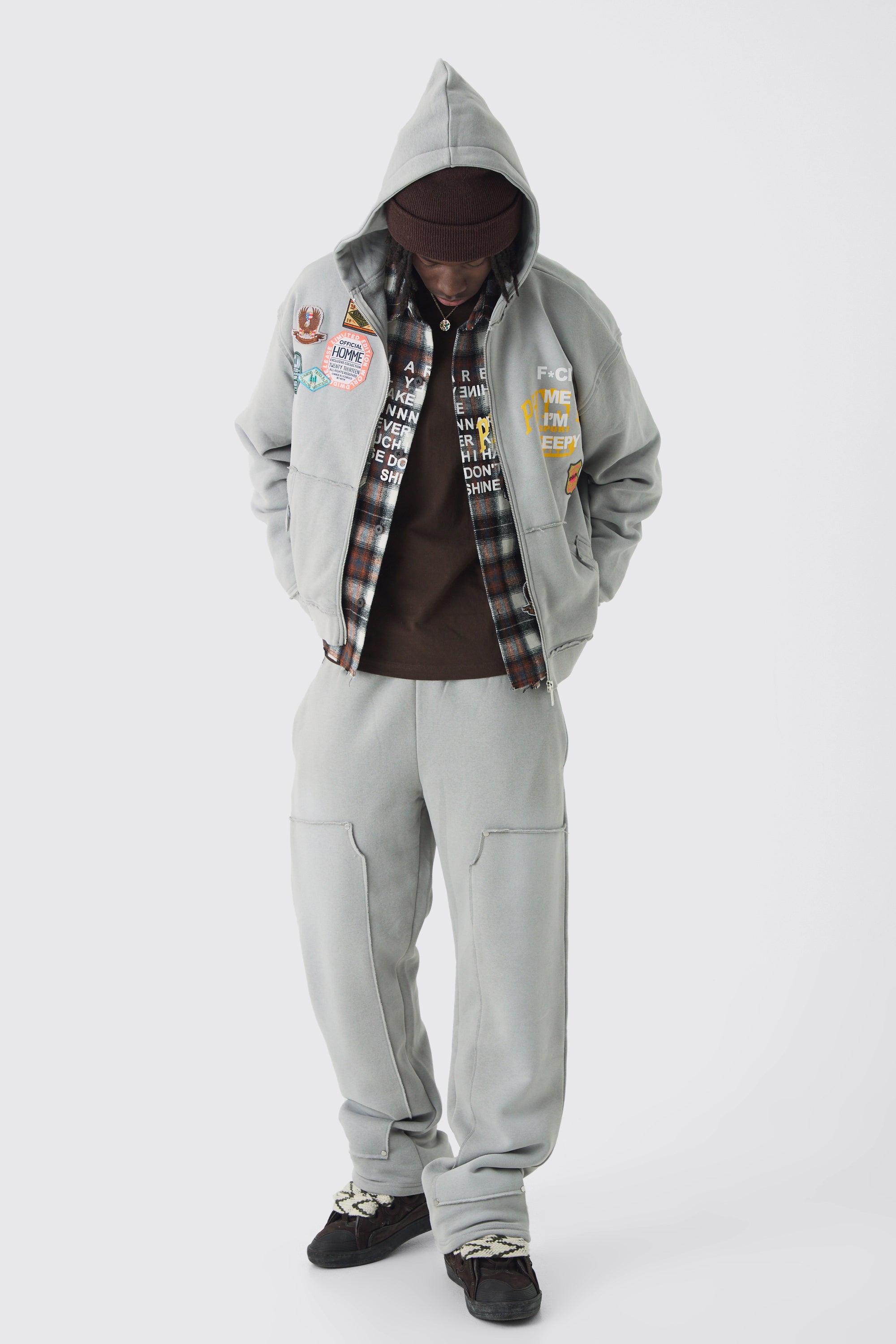  Boohooman Relaxed Applique Distressed Carpenter Brushbackk Joggers Charcoal Grey、mySite、justintrudeaud