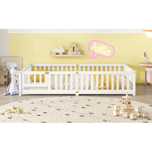 Twin Size Bed Floor Bed with Safety Guardrails and Door for Kids, Natural(Old SKU: W158090686)、、casual