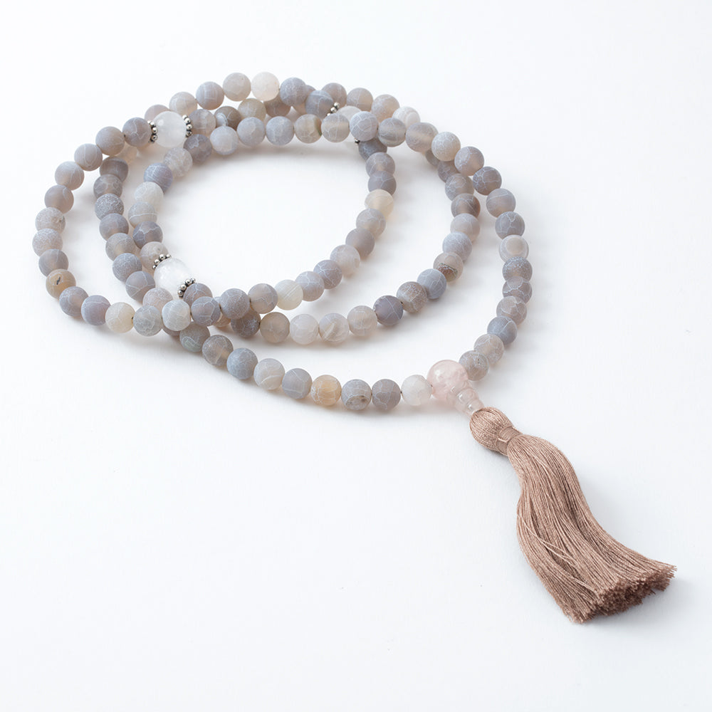 Frosted Light Gray Agate and Selenite Mala, 108 Beads、mySite、topwebapps