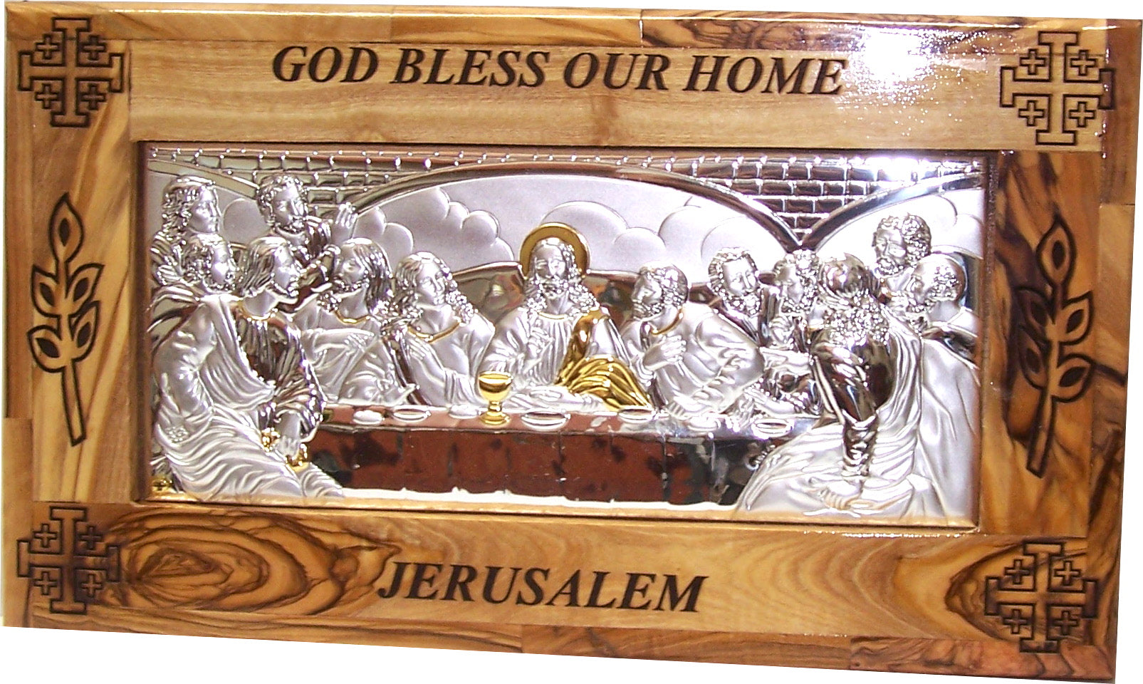  Holy Land Market Last Supper Olive Wood Framed Silver Plaque (12 x 7 inches)、mySite、elrpsem3k