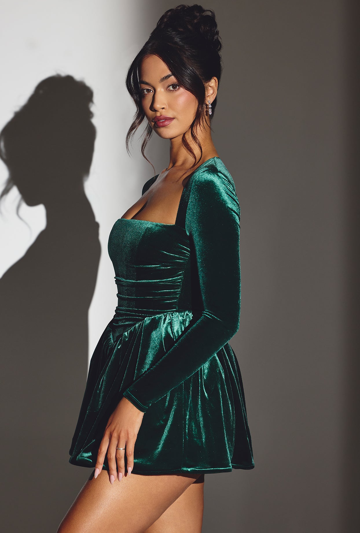 Velvet Long Sleeve Corset Mini Dress in Emerald Green、mySite、solidvoid