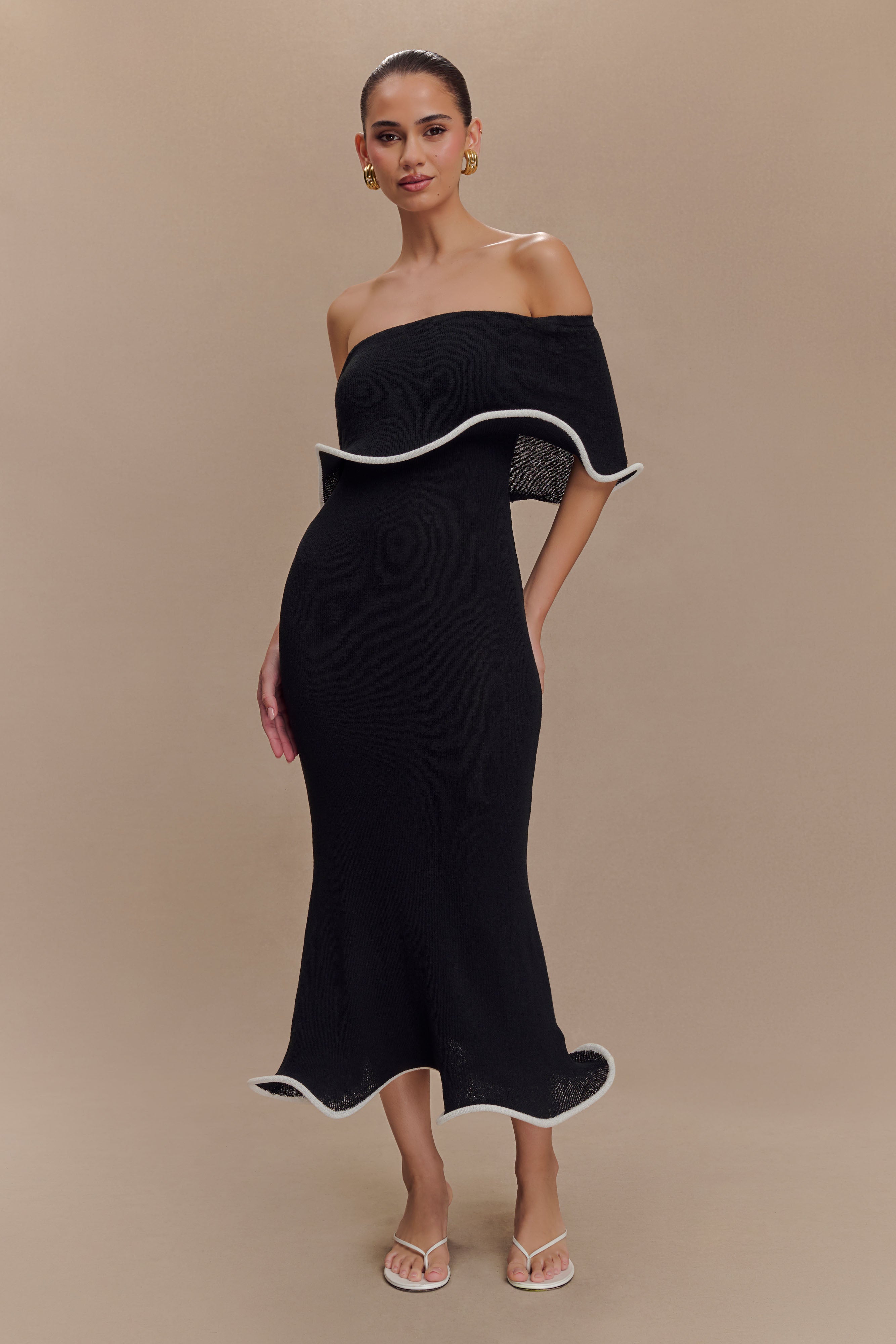 Molly Off Shoulder Knit Midi Dress - Black/White、mySite、solidvoid
