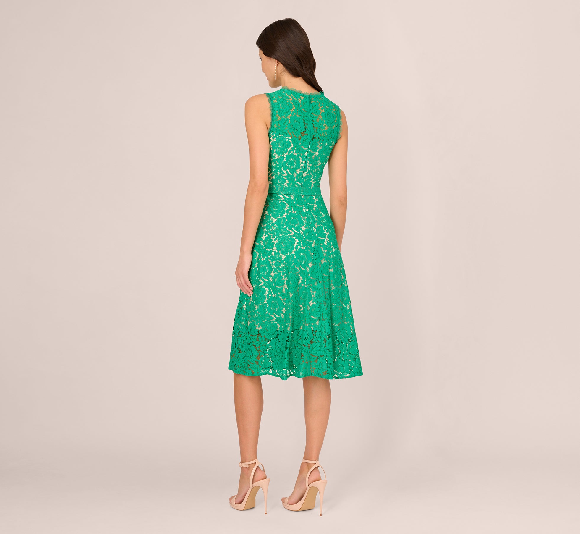 Sleeveless Lace Fit And Flare Dress With Sheer Details In Botanic Green、mySite、solidvoid