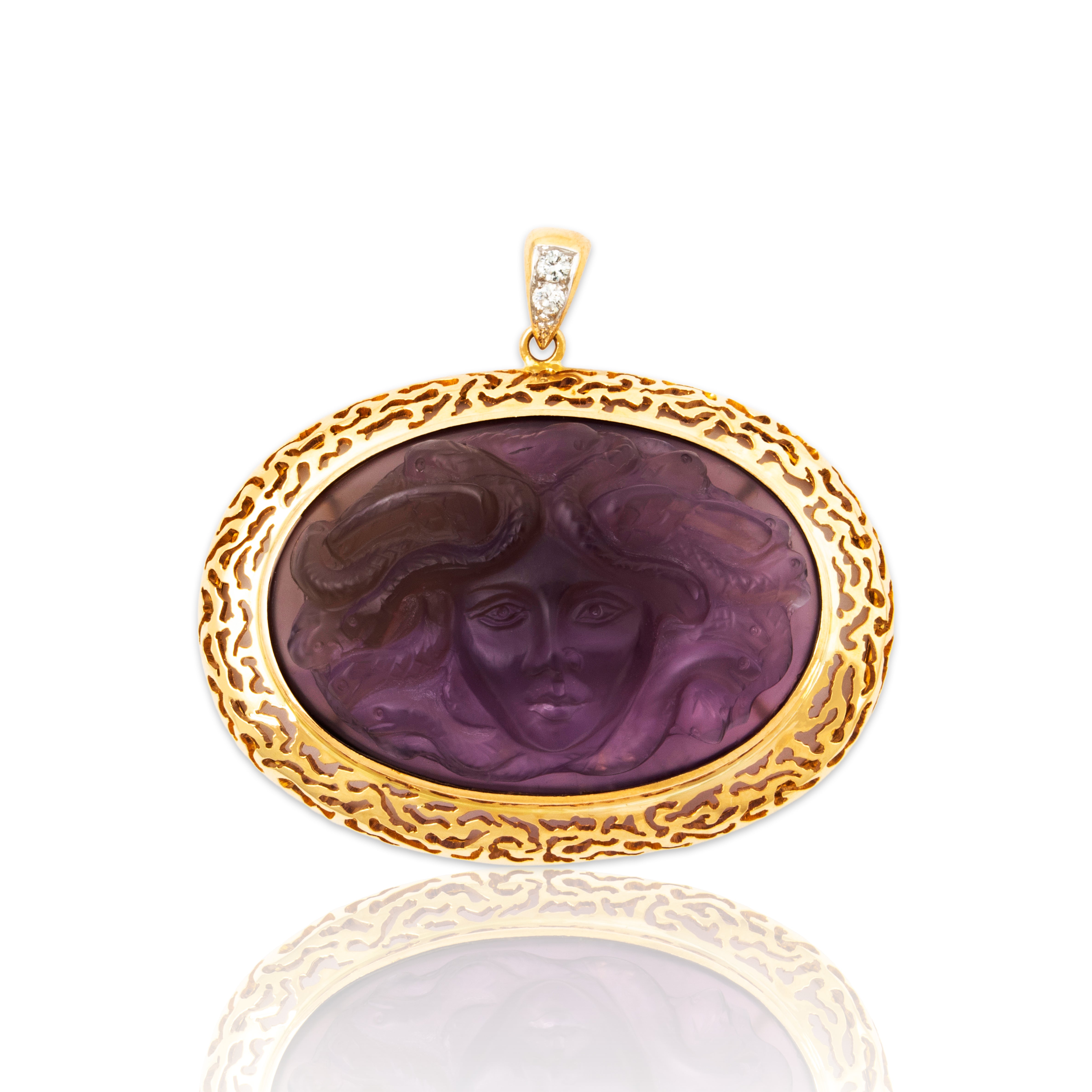 Vintage Oversized 18k Yellow Gold 95ct Amethyst Diamond Carved Medusa Pendant、mySite、hinf8tx79