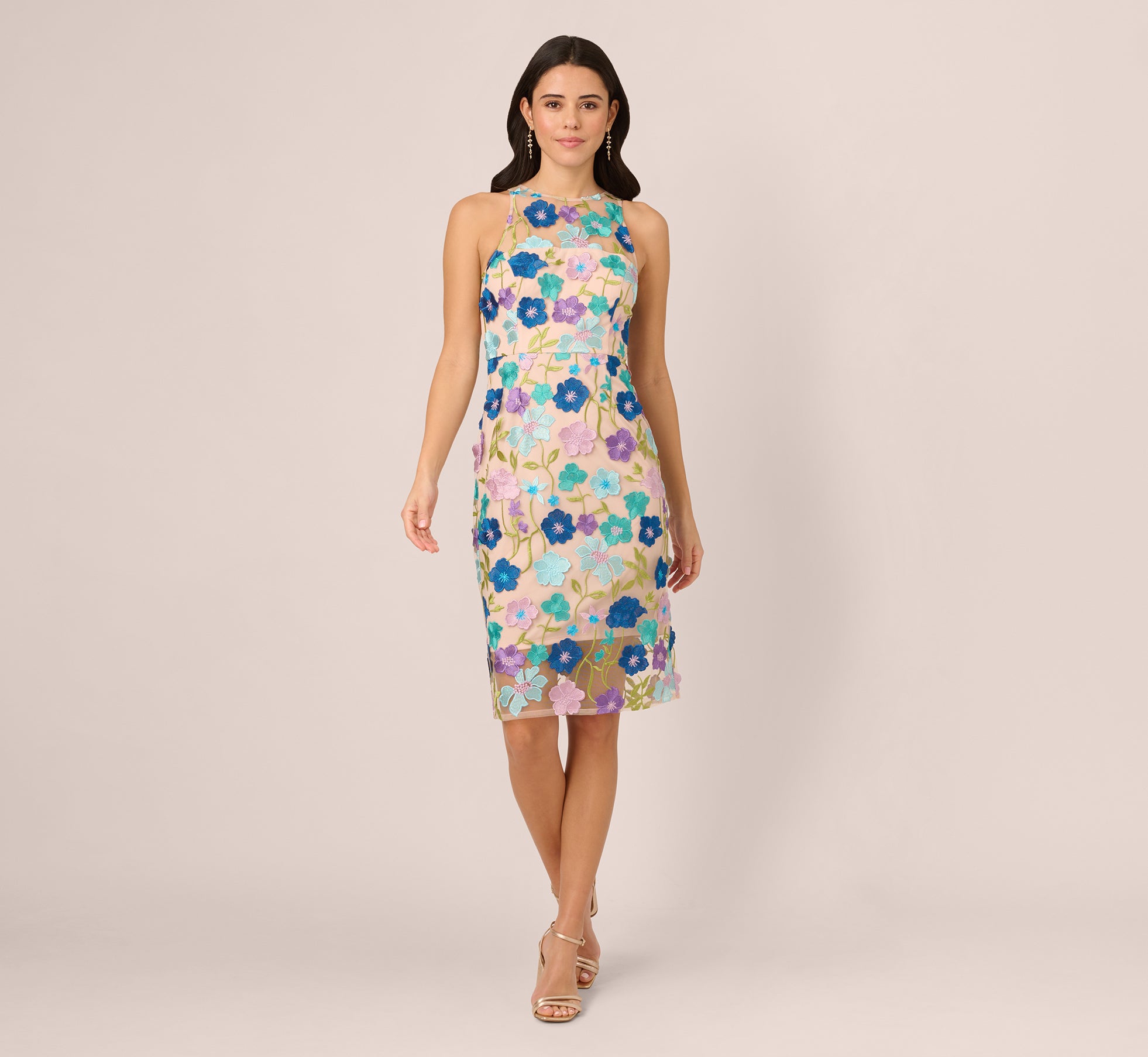 Multicolor Floral Embroidered Halter Midi Dress In Blue Multi、mySite、solidvoid