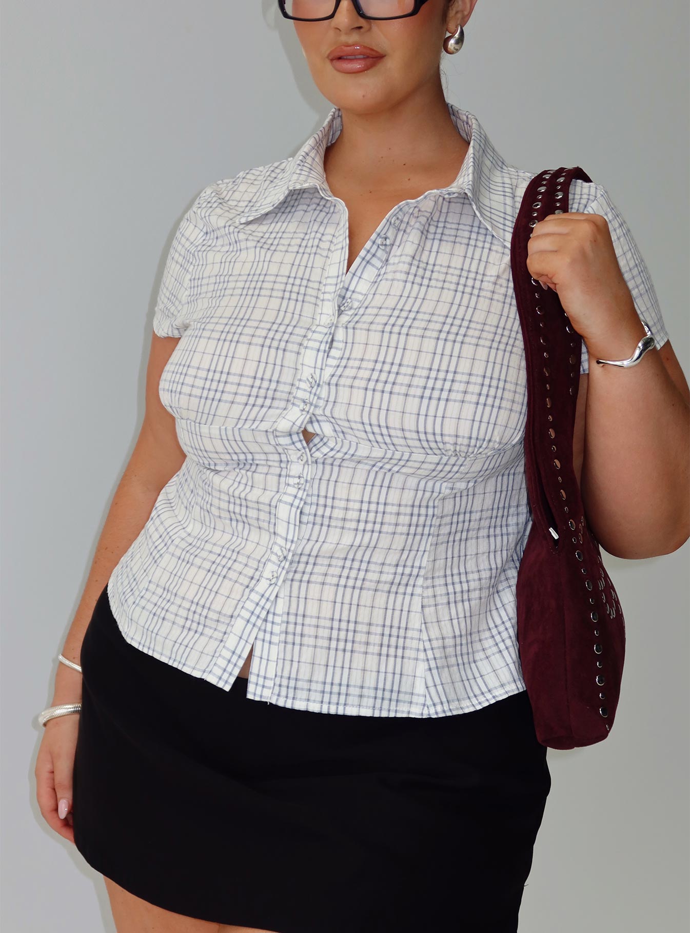 Cottesloe Blouse Top Blue Check Curve、mySite、solidvoid