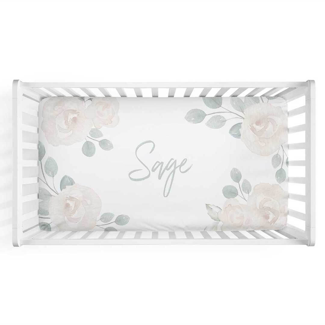  Eleanor's Sage & Ivory Floral Personalized Crib Sheet、mySite、layawaytickets